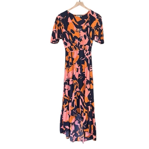 Abel The Label Clare Combo Maxi Dress Flutter Sleeve Smocked Pleated Small - Picture 4 of 13